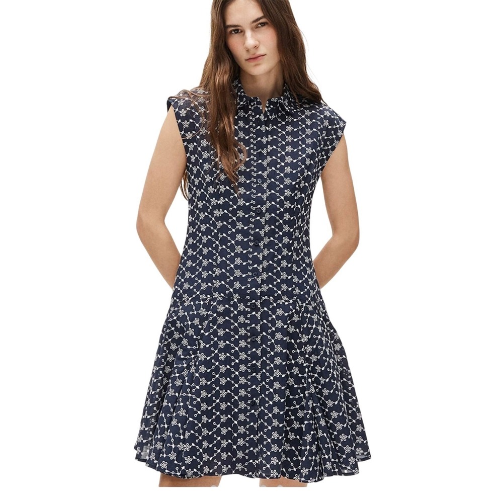 New J.Crew Navy Blue Floral Mini Dress Women 2 Pleated Drop Waist Sleeveless
